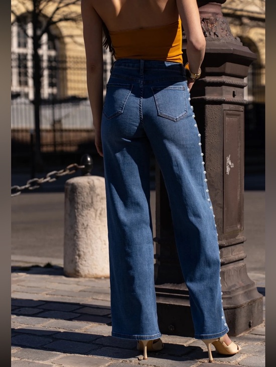 FROM PARIS FRANCE 🇫🇷 Blue Wide-Leg Jeans with Pearl Details - Picture 3 of 3